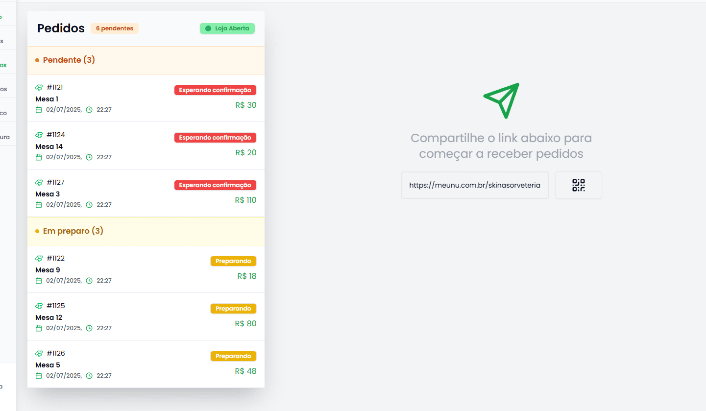 Painel do Meunu com pedidos recebidos pelo WhatsApp e organizados pra cozinha